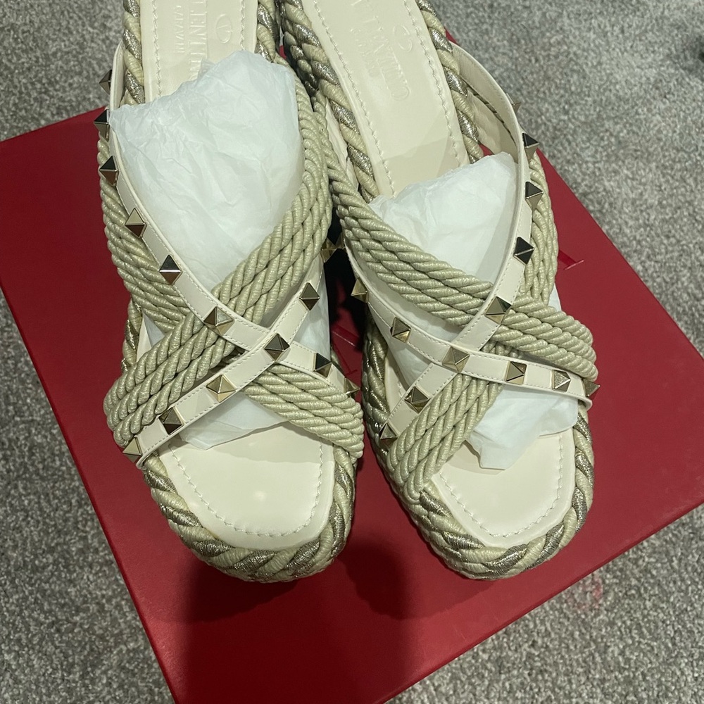 Valentino Garavani Cream Studded Rope Wedges